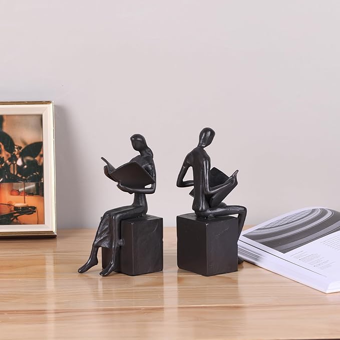Iron Decorative Bookends,Reading Couple Figurine Bookends for Shelves,Cast Iron Bookends for Heavy Books,Metal Modern Bookends,Unique Couple Statue Book Stoppers,Boho Reader Sculpture Gifts