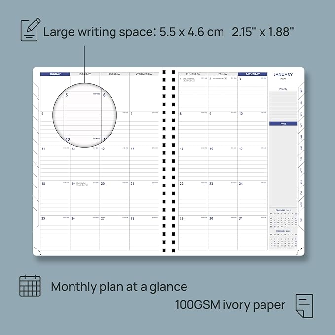 POPRUN 2026 Weekly Planner (A4-8.25'' x 11.75''), Quarter-Hourly Appointment Book (Jan. 2026 to Dec. 2026) with Monthly Tabs, Spiral Softcover, 2 Inner Pockets, Pen Holder - Brown