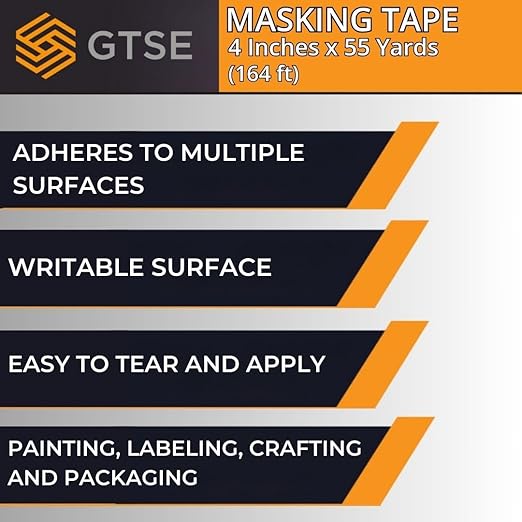GTSE Extra Wide Masking Tape, Bulk Contractors Pack, 4 inch x 55 Yards (164 ft), Multi-Surface Adhesive Painting Tape, 12 Rolls, Full Carton