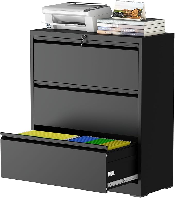 mysteeldepot 3 Drawer Lateral File Cabinet for Home Office, Lateral File Cabinets with Lock, Metal File Cabinet, Heavy Duty File Storage Cabinet for Legal/Letter/A4 Document, Assembly Required, Black