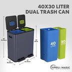 70 Liter / 18.5 Gallon Rectangular Hands-Free Dual Compartment Recycling Kitchen Step Trash Can with Soft-Close Single Lid, Stainless Steel (40L x 30L Capacity), Blue