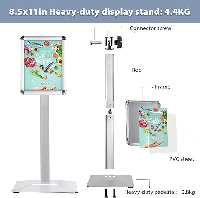 Sign Holder Stand, Heavy-Duty 8.5x11 Inch Aluminum Floor Stand for Posters & Signs with PVC Sleeve & Weighted Base | Silver