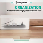 ChargeWorx Cable-Management Box Set, 2 Pack Cord Organizer to Hide Power Strips and Surge Protectors, Desk and Floor Wire Concealer for Home Office, TV Area, White