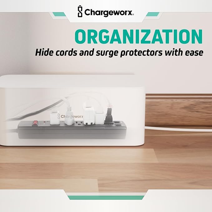 ChargeWorx Cable-Management Box Set, 2 Pack Cord Organizer to Hide Power Strips and Surge Protectors, Desk and Floor Wire Concealer for Home Office, TV Area, White