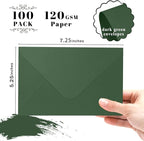 100 Pack Dark Green Envelopes 5x7, Goefun A7 Envelopes for Invitation with Euro Flap, 120GSM, Ideal for Mailing, Wedding, 5.25 x 7.25 in
