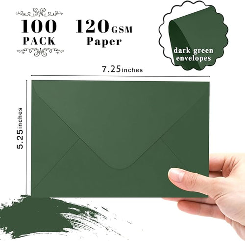100 Pack Dark Green Envelopes 5x7, Goefun A7 Envelopes for Invitation with Euro Flap, 120GSM, Ideal for Mailing, Wedding, 5.25 x 7.25 in