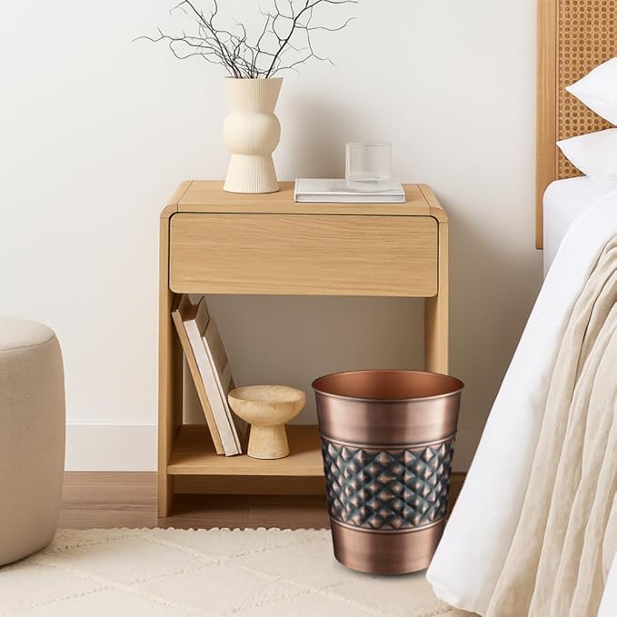 Monarch Abode Metal Bathroom Trash Can – Waste Basket for Bedroom, Office Desk, & Dorm, Handcrafted Geo Embossed, Durable Decorative Antique Copper Small Trash Can Bathroom Garbage Bin Wastebasket