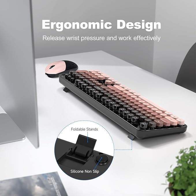 MOFII Wireless Keyboard and Mouse Combo, Full Size 2.4G Plug and Play Typewriter Retro Round Computer Keyboard and Mouse Set for Windows, Computer, Desktop, PC, Notebook - (BlackBerry Gradient)