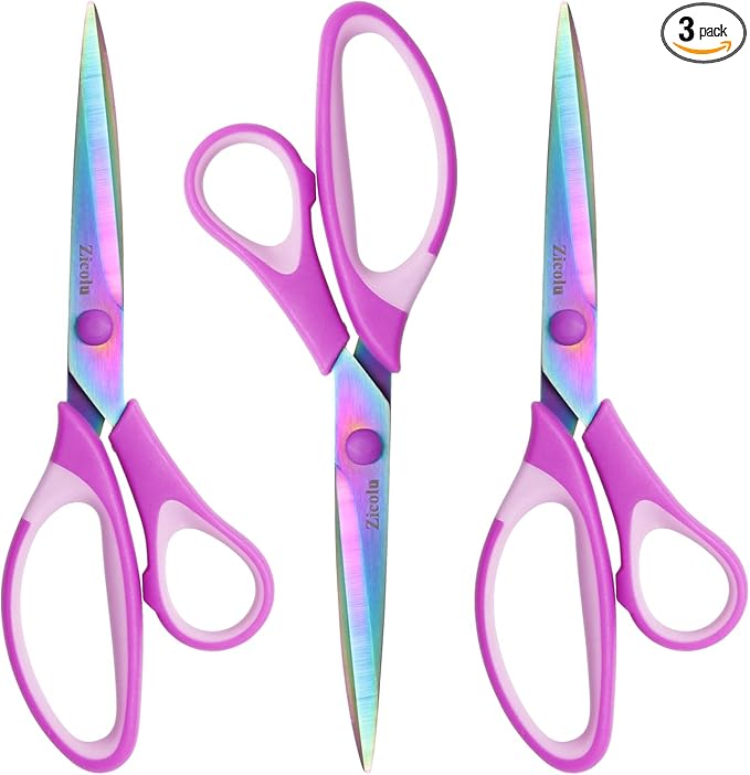 Zicolu 8.5" Scissors All Purpose, Multipurpose Office Scissors Set of 3 Pack, Titanium Coating Sharp Blade, Soft Comfort-Grip, Ideal for Fabric, School, Home, Craft & Sewing, Right/Left Handed, Purple