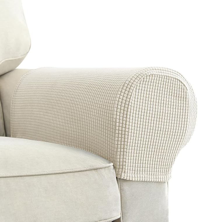 Premium Polyester Sofa Arm Cover, Scratch Resistant Protector Covers,Elastic Armrest Covers for Square/Curved/Sloping Couch Armrests, 2Pcs- Warm White