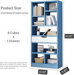 IOTXY Wooden Open Shelf Bookcase - 61" Height Freestanding Display Storage Cabinet Organizer with 8 Cubes and a Drawer, Floor Standing Bookshelf, Blue
