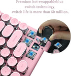 Adventurers Typewriter-Style Retro Mechanical Keyboard LED Backlight 83 Keys Bluetooth 5.0 Blue Axis Pink Color Panel Compatible with iOS/Android/Windows/Vista/Linux/Mac Office/Gaming, 12.3x6.6x1.6in
