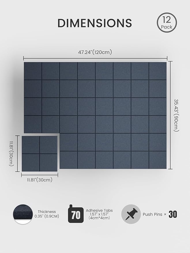 Bumusty Large Cork Board Alternative-47 x35 Felt Bulletin Board Tiles, with 30 Pushpins, 70 Adhesive Tabs, 12-Pack Slat Wall Paneling, Cork Boards for Office Push Pin Felt Board-Deep Charcoal Blue
