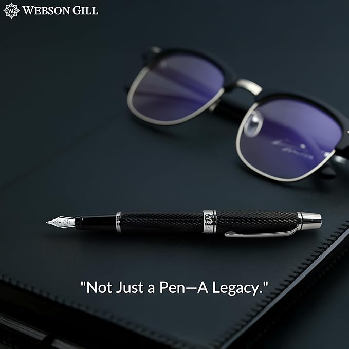 Webson Gill Show Up' Black Luxury Executive Fountain Pen, Woven Lacquer & Chrome, Medium Nib, Smudge Free, No Bleed, Use Any Fountain Ink with Included Converter, Fits Cartridges (sold separately)