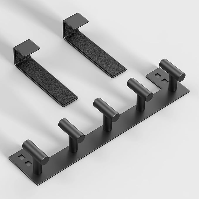 PMMASTO Over The Door Hooks, Door Hanger Hook for Hanging, Coat Rack Organizer for Bathroom, Towel Holder Bathroom Accessories (Black 5 T-Hooks-Fits 1-3/4" Thick Door)