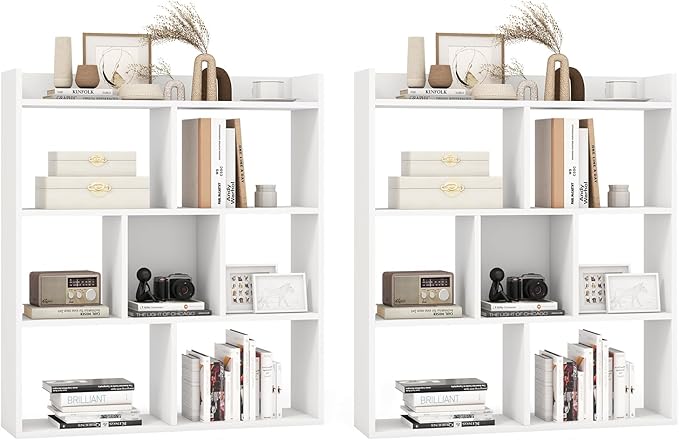 Giantex 7 Cube Bookshelf of 2, Free-Standing Wooden Bookcase, 4 Tier Home Display Shelf, Horizontal Storage Unit w/Anti-Toppling Devices, Open-Back Display Rack for Study, Living Room, White