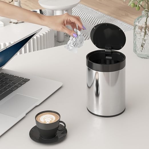 SolaceCove Mini Trash Can for Desk 0.4 Gallon,1.5L Stainless Steel mini Desk Trash can with Lid,Tiny Trash Can for Desk with 1 Roll Bags for Office, Home, Car,(Brushed Gray)