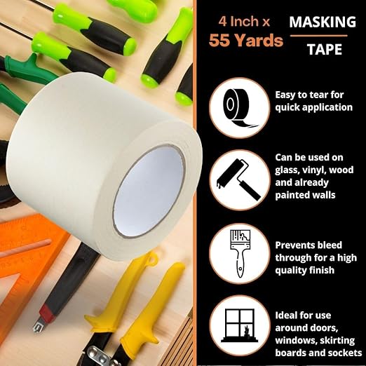 GTSE Wide Masking Tape, 4 inches x 55 Yards (164 ft), Multi-Surface Adhesive Painting Tape, 1 Roll