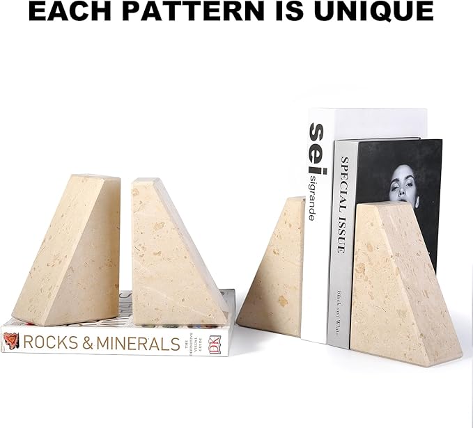 Karibiber Marble Bookends for Heavy Books, Decorative Book Ends for Shelves, Beige Stone Durable and Heavy-Duty Book Ends for Hardback Books & CDS, Unique Book Stopper & Holder, Set of 2