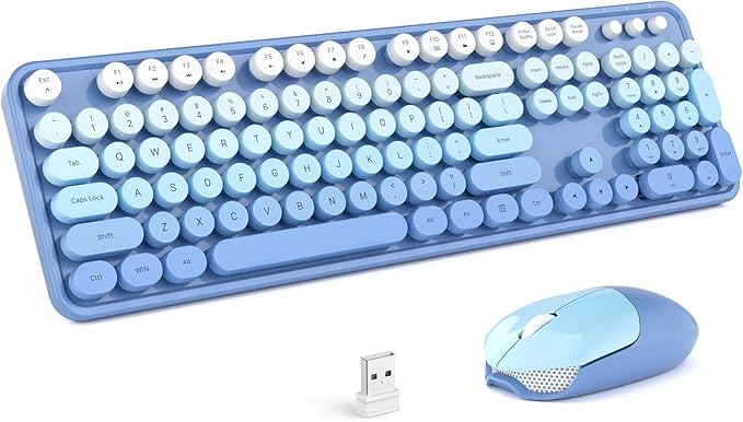 MOFII Wireless Keyboard and Mouse Combo, Full Size 2.4G Plug and Play Typewriter Retro Round Computer Keyboard and Mouse Set for Windows, Computer, Desktop, PC, Notebook - (Blue Gradient)