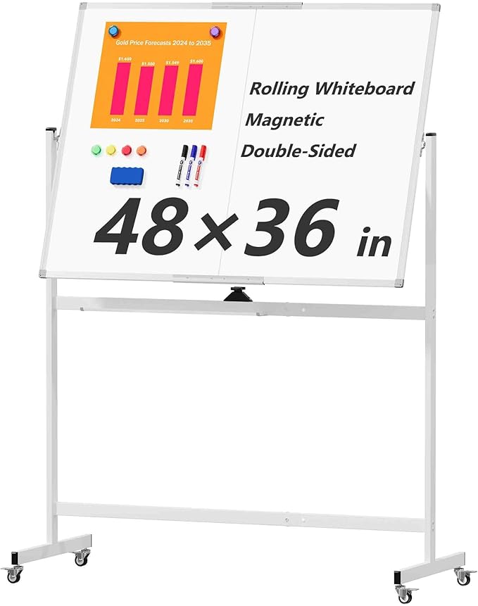 Neatsure Large Rolling Whiteboard on Wheels, 48" x 36" Double-Sided Mobile White Board with Stand, 4' x 3' Portable Standing Magnetic Dry Erase Board Easel for Home Office Classroom School, Silver