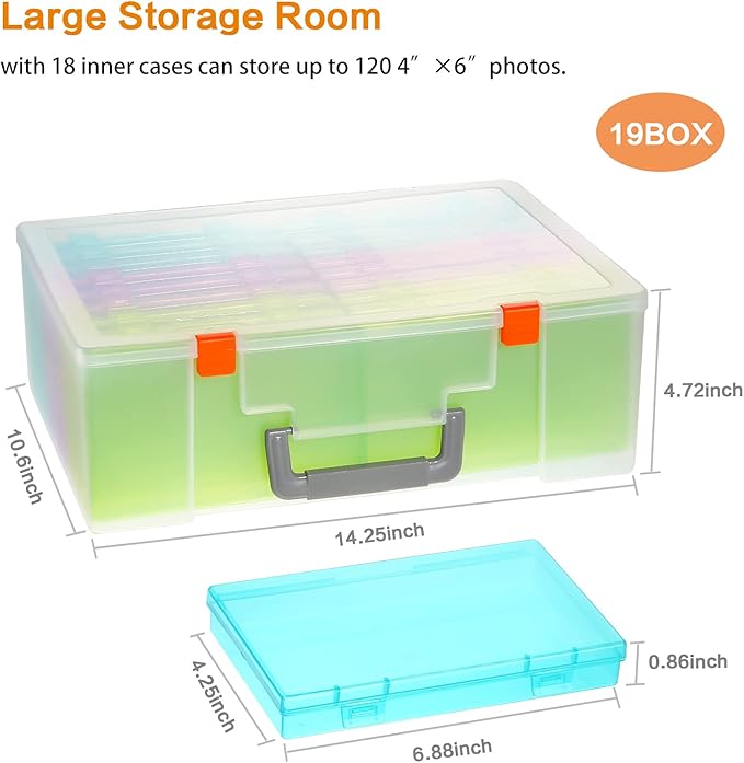Photo Storage Box 4x6, 18 Inner Extra Large Photo Case Large Photo Organizer Acid-Free Photo Box Storage Photo Keeper Photo Storage Case, Plastic Craft Storage Box for Photo Stickers Stamps Seeds