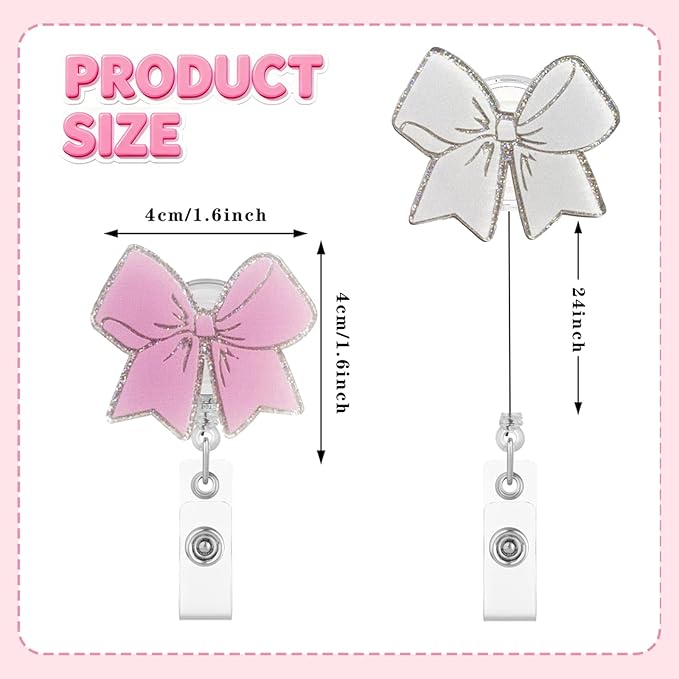 2Pcs Pink Bow Badge Reel Retractable Cute Badge Reels with Alligator Clip ID Badge Holder for Nurse,Medical Worker,Nursing Student,Teacher