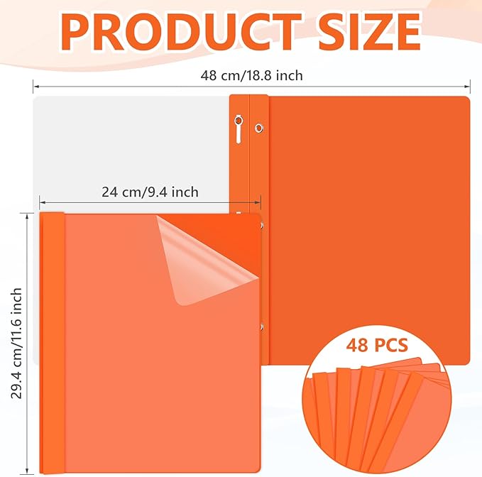 Feifeiya 48 Pack Plastic Report Covers with 3 Prongs Presentation Folders Bulk, 100 Sheet Capacity, Clear Front Report Covers for Presentation Document Paper School Office Supplies (Orange)