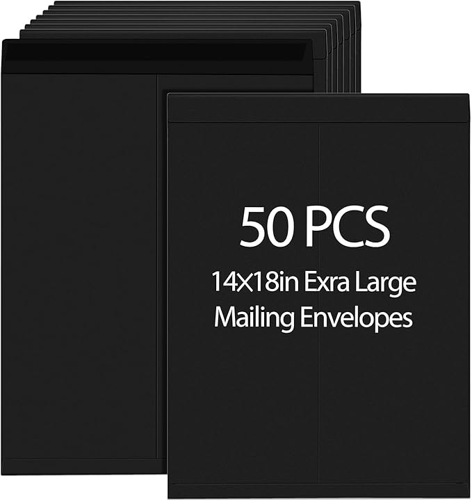 Motipuns 50 Pcs 14'' x 18'' Extra Large Mailing Envelopes 32lb with Gummed Flaps, Catalog Jumbo Craft Envelopes for Mailing, Storage and Organizing Documents Office Supplies(Black)