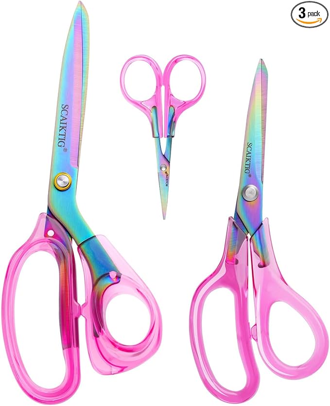 SCAIKTIG Acrylic Scissors Set, Office Scissors for Desk Heavy Duty, Pink Clear Comfort-Grip Handles and Titanium Coated Blades, Sharp Scissors all Purpose for Sewing, Art, Craft, School, Home Supplies