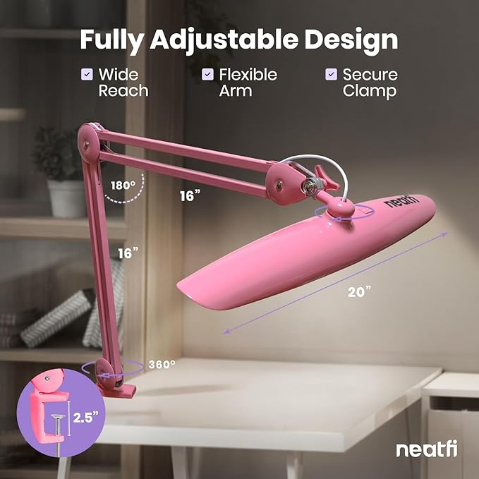 Neatfi XL 2,200 Lumens LED Desk Lamp with Clamp, 24 Watt Bright Architect Task Lamp, 20 Inches Dimmable Computer Light, Adjustable Desk Light for Home, Office, Crafts, Nails & Hobbies (Non-CCT, Pink)