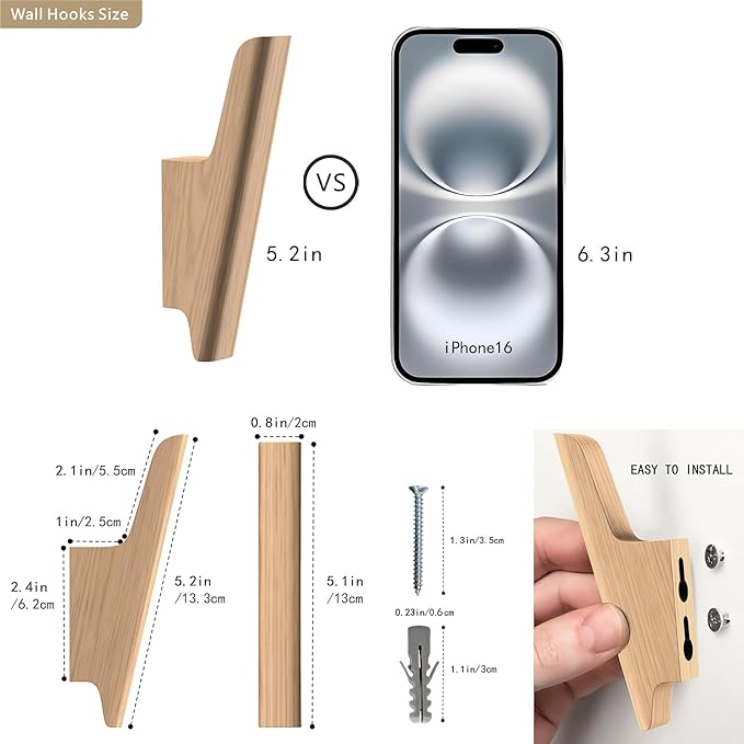 FCOWK Wood Wall Hooks 4 Pack Coat Hooks Wall Mount Natural Wooden Hooks for Hanging Hat, Bag, Backpack, Rustic Coat Hooks for Wall, Wood Towel Hooks for Bathrooms and Entryway Hooks