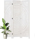 66.9Inch Folding Room Divider, 3 Panels Wood Carved Privacy Screens, Free Assembled Freestanding Partition for Home Office Restaurant Bedroom (White-Washed)