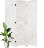 66.9Inch Folding Room Divider, 3 Panels Wood Carved Privacy Screens, Free Assembled Freestanding Partition for Home Office Restaurant Bedroom (White-Washed)