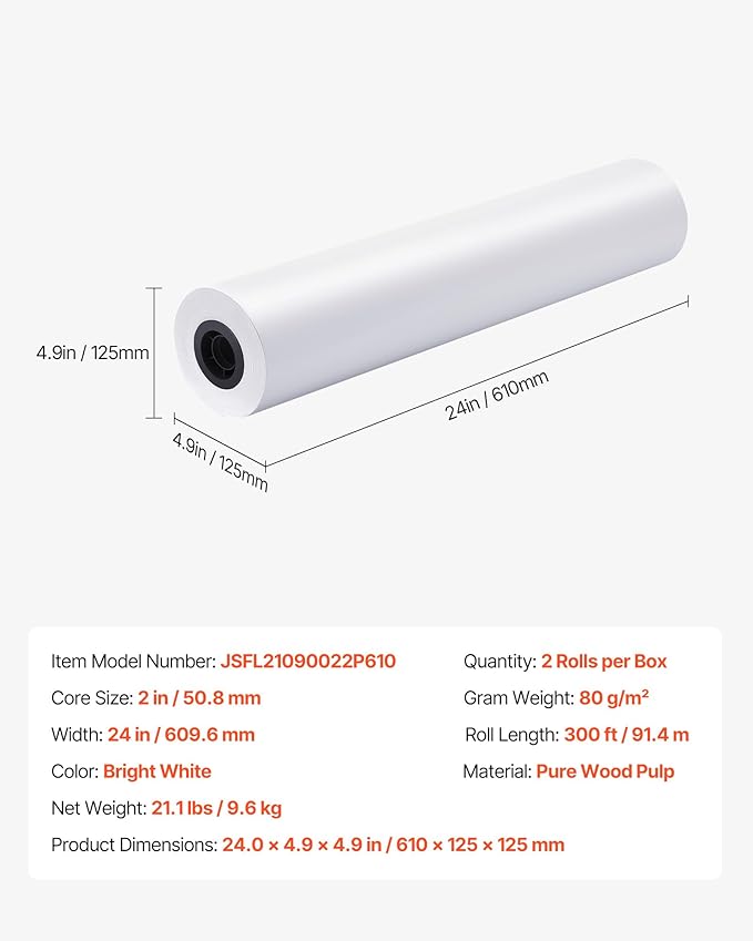 VEVOR Wide Format Paper, 24 in x 300 ft Plotter Roll, 2 Rolls CAD Bond Rolls with 2 in Core, 20 LB Bond Paper Rolls, Ideal for CAD Drawings, Engineering Plans, GIS Maps, and Architectural Designs