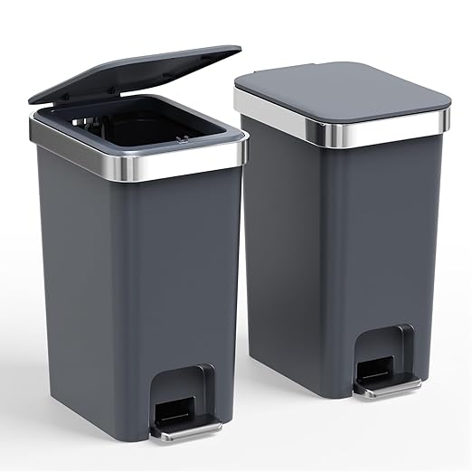 accep 2 Pack Bathroom Garbage Can with Lid, 2.6 Gallon /10 Liter Small Trash Can, Press Top Bin & Step Metal Pedal Trash Bin, Waste Basket for Bedroom, Home Offices, Small Spaces, Dorm (Black Gray)