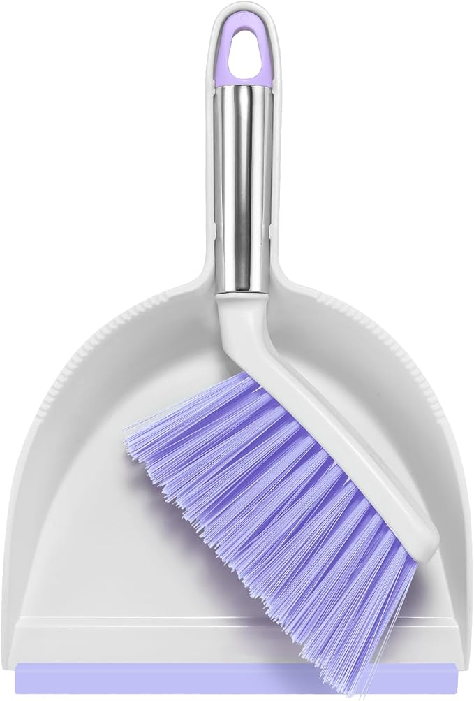 NACENA Mini Broom and Dustpan Set, Small Dust Pan and Brush Set with Handle Dustpan Teeth for Cleaning Hair Suitable for Office Desks Drawers Sofas Outdoor Camping, Light & Purple