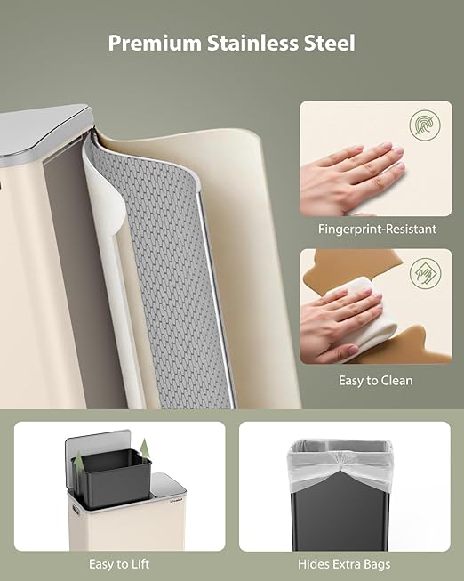 Dual Trash and Recycling Bins for Kitchen, 13.2 + 5.2 Gal (50+20L) Stainless Steel Trash and Recycle Bin Combo with Soft-Close Lid, Large Garbage Cans for Kitchen Home with 2 Magnets Sticker, Apricot