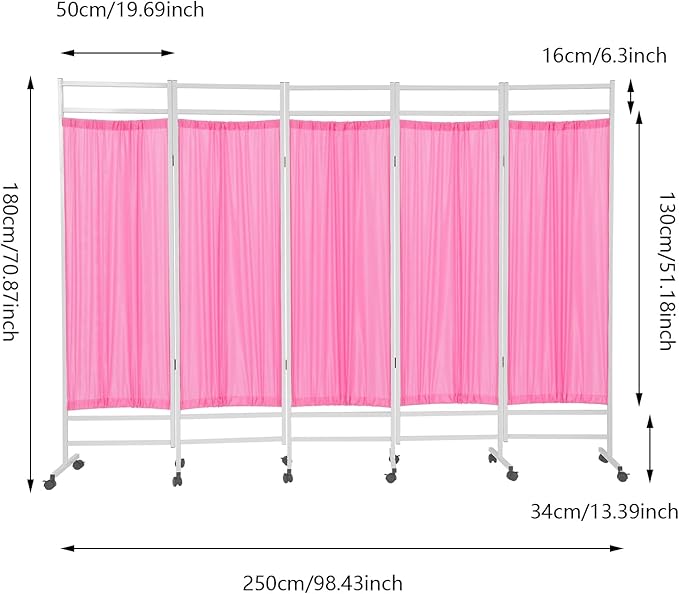 Medical Privacy Screens, Waterproof Nylon Fabric, 98.4 * 70.9 in Foldable Rolling Medical Privacy Screen with Silent Wheels, Suit for Hospitals, Clinics, and Nursing Homes (Pink, 5 Panels)