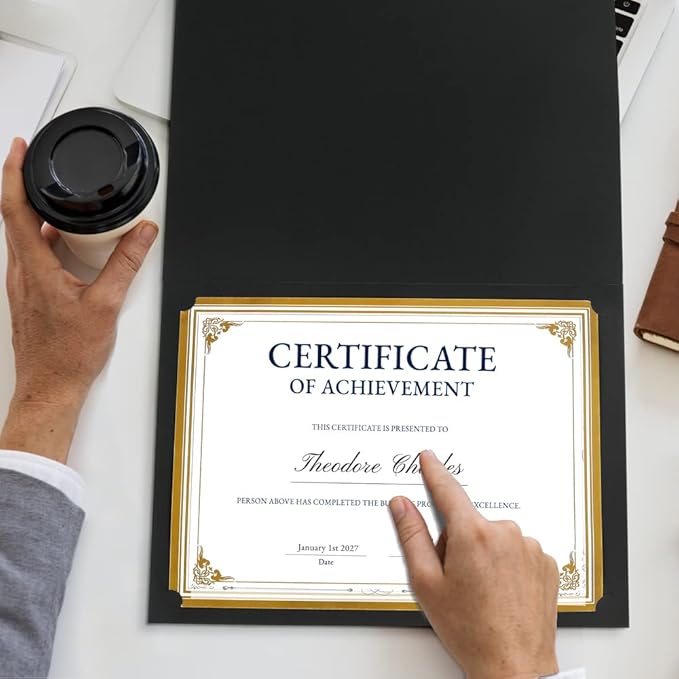 SUNEE 10 Packs Black Certificate Holders, 250gsm, for 8.5x11 Award Certificates, Certificate Covers with Gold Foil Border