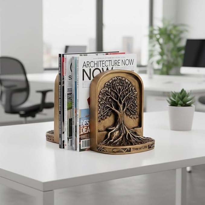Resin Tree of Life Bookends Set, 2Pcs Decorative Non-Skid Book Ends for Heavy Books, Shelves, Bookcase or Desk - Antique Bronze Color Home Décor Gift, Library and Office Decor