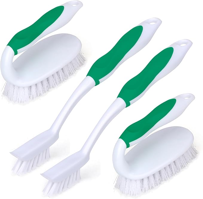 HileSwan Scrub Brush Set, 4 Pack Deep Cleaning Brush Kit - 2 Scrub Brush, 2 Tile & Grout Brush with Built-in Scraper, Household Commercial Scrubber for Floor, Shower, Pool Wall, Tub (Green)