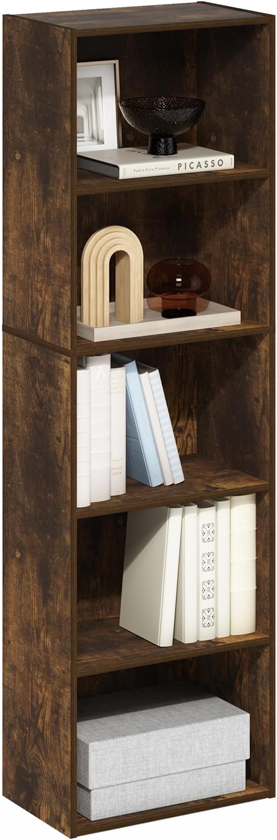 Furinno LUDER Book Shelf, 5-Cube Bookshelf, Bookcase with Open Shelf, 9.4 x 15.8 x 52, for Living Room, Bedroom, Home Office, Amber Pine
