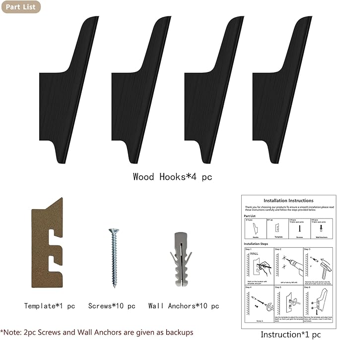 FCOWK Wood Wall Hooks 4 Pack Coat Hooks Wall Mount Black Wooden Hooks for Hanging Hat, Bag, Backpack, Rustic Coat Hooks for Wall, Wood Towel Hooks for Bathrooms and Entryway Hooks (Black)