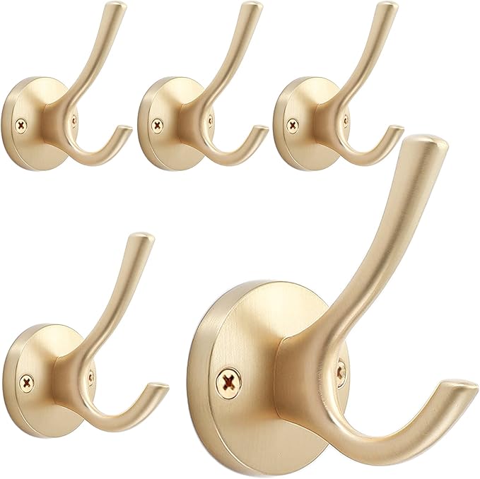 TOFIIGREM Gold Wall Hooks, 5 Pack Coat Robe Hook Heavy Duty Metal Double Bath Hook Wall Mounted, Hand Towel Hooks for Cubicle Bathroom Kitchen Closet Garage