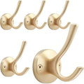 TOFIIGREM Gold Wall Hooks, 5 Pack Coat Robe Hook Heavy Duty Metal Double Bath Hook Wall Mounted, Hand Towel Hooks for Cubicle Bathroom Kitchen Closet Garage