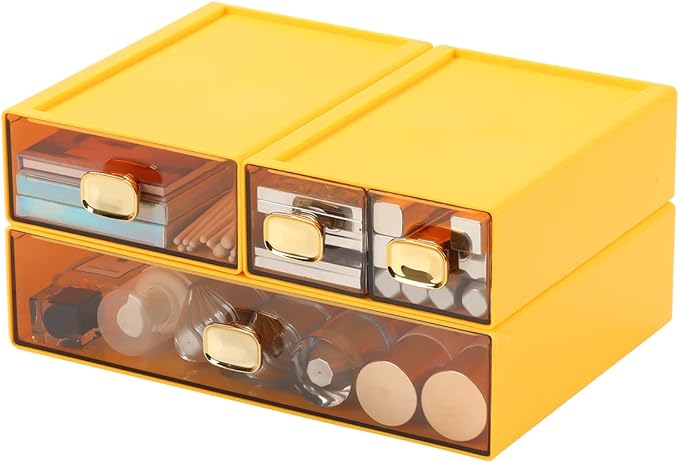 OSteed Spacious Desktop Storage Box, 1 Large 1 Middle & 2 Small Storage Drawers, Stackable Office Desk Drawer Organizer and Accessories, Printer Paper Organizer, Yellow Plastic Drawers for Workspace