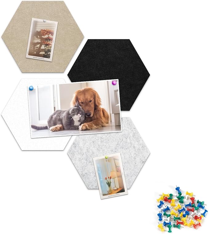 Uoisaiko 12" Large Bulletin Board with 15 Push Pins, Pack of 4 Hexagon Felt Pin Board Notice Boards for Home Office, Felt Wall Tiles for Photos Memos (Camel Grey)