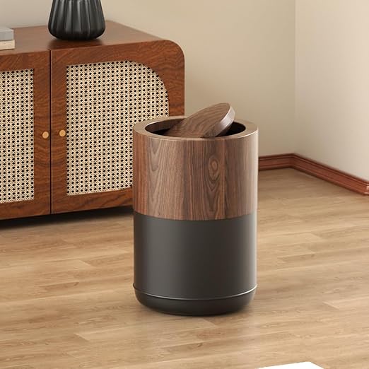 LEASYLIFE 3.1 GAL Modern Metal Trash Can with Realistic Wood Texture,Built-in Bag Holder,Flip Lid,Small Bathroom Garbage Can for Bathroom,Home,Office,Living Room (3.1gal Swing lid)