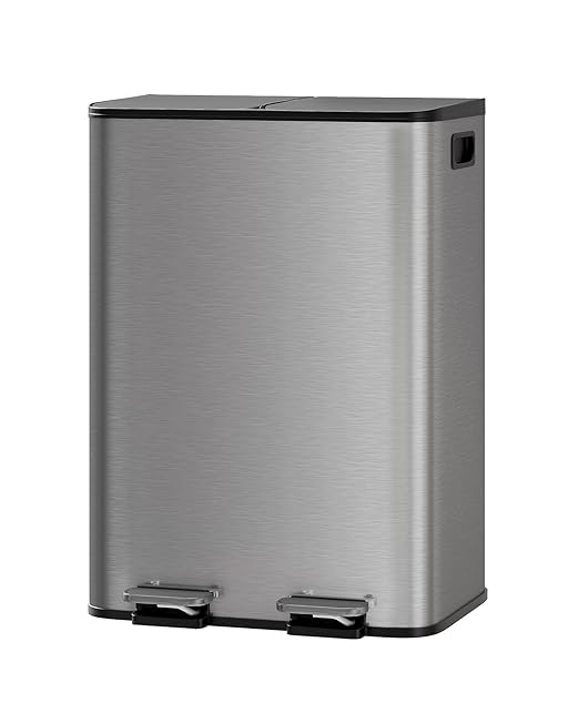 CABIHOME 2 x 8 Gal Stainless Steel Trash Can - Matte Black Dual Trash & Recycle Bin with Step-on Lid, PP Inner Buckets & Liner Rim for Kitchen